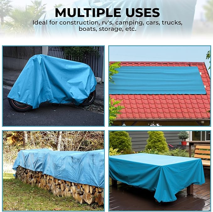 Tarps Heavy Duty Waterproof 16x20-12 mil Thick Camping Tent - Blue Tarp 16x20 UV Resistant Rip &amp Tear Proof with Metal Grommets – Multipurpose Use for Camping Tent Boat RV Car &amp Pool Cov