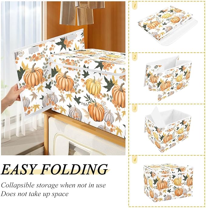 senya Thanksgiving Storage Baskets Collapsible Storage Bins with Lids Pumpkins Flowers Leaves Thanksgiving Storage Boxes Clothes Baskets for Organizing
