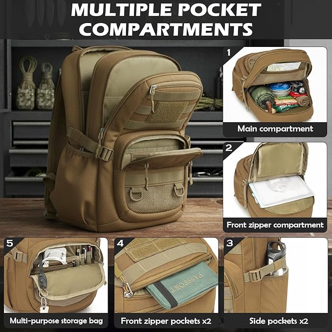 25L Military Tactical Backpack - Molle Army 3 Days Assault Pack Out Bag Hiking Rucksack Brown