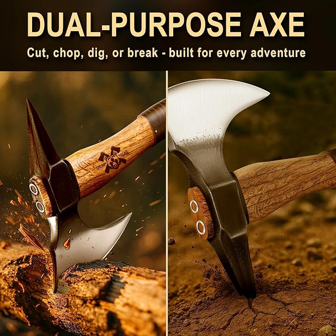 Grumpy Bear 11 Camping Hatchet Survival Axe with Sheath High Carbon Steel and Wood Handle Anti-Slip Grip – Ideal for Bushcraft Wood Splitting &amp Outdoor Adventures
