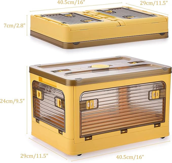 Folding Storage Bins 28 Liters 2 Pcs Yellow Plastic Storage Containers with Wheels Four Doors Foldable Stackable Plastic Box with Lids for Organization Storage Cart