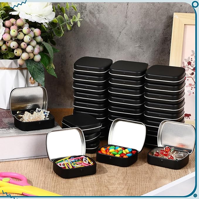 100 Pcs Metal Hinged Tin Box Rectangular Small Tin Container with Lid Mini Portable Tinplate Storage Box for Drawing Pin Candies Jewelry Crafts Button Pill 2.4 x 1.8 x 0.6 Inch (Black)