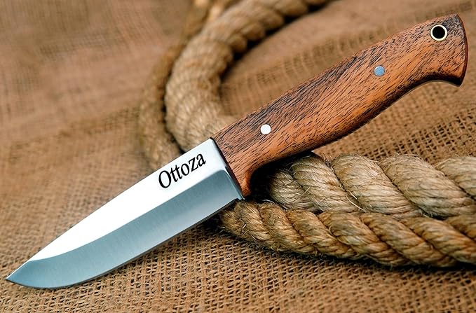 Ottoza Full Tang Bushcraft Knife with 1095 Carbon Steel Fixed Blade - Survival and Outdoor Camping Knife - Black Cross Draw Sheath and Musket Wood Handle 393