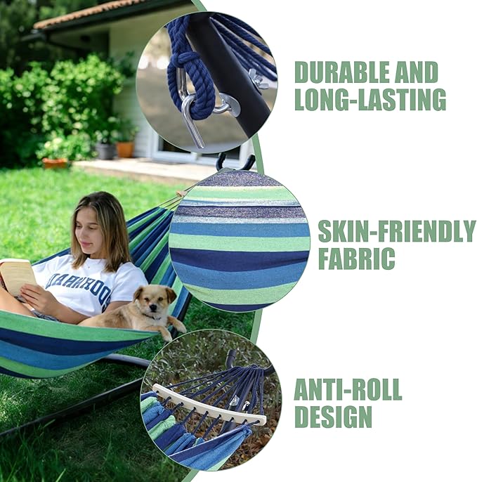 Double Hammock with Freestanding Steel Stand Portable &amp Easy Setup 550lb Capacity Heavy Duty for Patio GardenBackyard Camping Indoor &amp Outdoor - Includes Carry Bag (Blue Stripe)