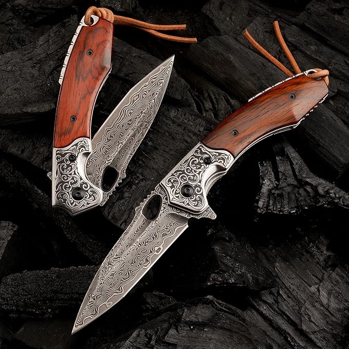forging handmade vg10 damascus steel folding kniferosewood handle leather sheathedc pocket knives for men outdoors camping fishing