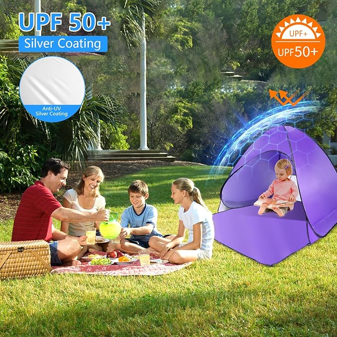 Beach Tent Easy Pop Up 2-3 Person Beach Shade Beach Tent Sun Shelter Instant Portable Beach Tent Umbrella Sun Shade Canopy with Storage Bag for Outdoor Beach Camping Fishing (Purple)