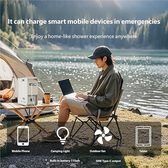 Portable Camping Shower - 3-Second Instant Water Heater 200-Minute Long Battery Life 30W Reverse Charging Suitable for All Seasons RVs Hunting and Long-Distance Trips (Smart Control S2)