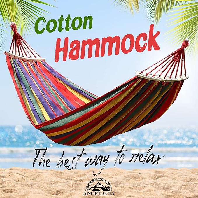 ANGELYCIA Brazilian Large Single Canvas Cotton Hammock | Weights up to 400 lb. | Indoor &amp Outdoor Hammock Bed for Stand Patio Garden Backyard Lounging | Hammocks for Outside (Rainbow Stripe)