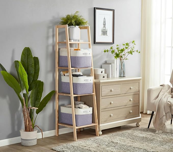 DECOMOMO Storage Baskets for Shelves - Fabric Storage Bins Linen Closet Organizers and Storage (Purple &amp White Large - 3 Pack)