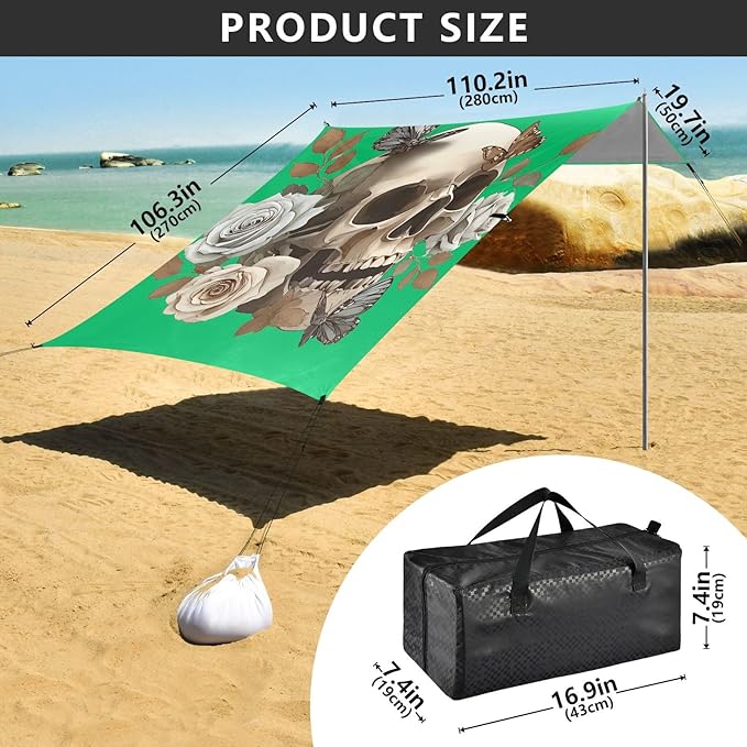 ALAZA Skull Rose Butterfly Beach Tent Sun Shelter Portable Canopy Sunshade for Outdoor Camping Picnics Backyard Fun 10x9 ft