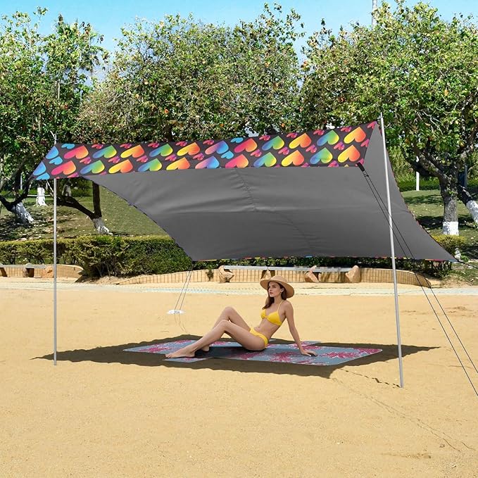 ALAZA Rainbow Hearts LGBT Pride Beach Tent Sun Shelter UPF50+ Protection Beach Shade Canopy w/ 4 Sandbags for Outdoor Camping Fishing Backyard Fun Picnic 10x9 ft