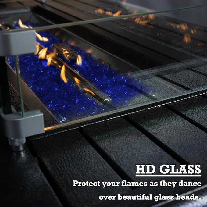 Kozyard Outdoor Patio Propane Gas Fire Pit Table - 50000 BTU Wicker Design with Aluminum Tabletop Glass Wind Guard Clear Glass Rocks and Slide Out Tank Holder - Ideal Patio Fire Table (Gray)