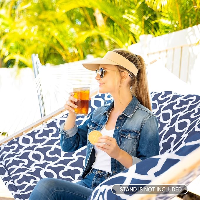 SUNCREAT Double Tree Hammock with Hardwood Spreader Bar Extra Large Soft Pillow Heavy Duty Hanging Hammock for Indoor Outdoor Blue Pattern