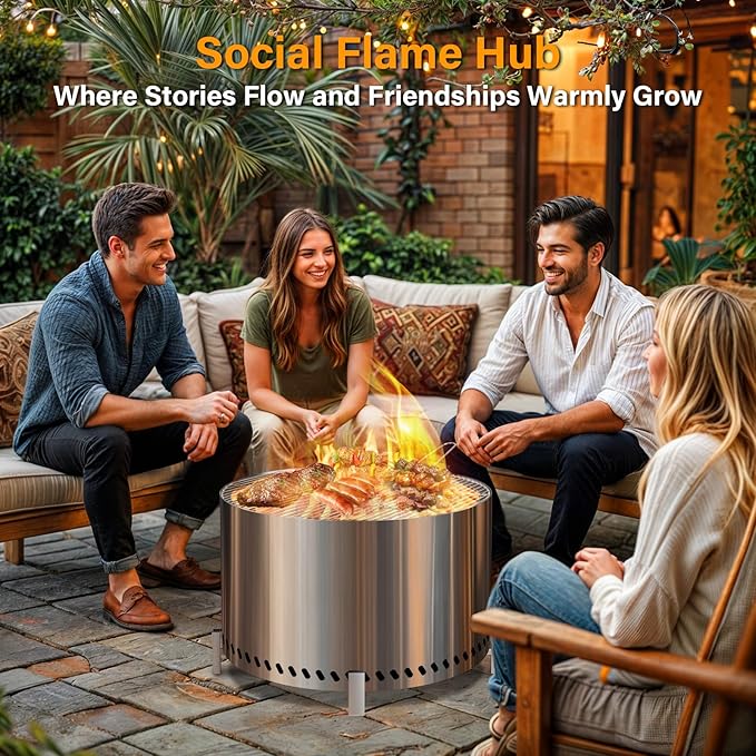 HGD 28 Smokeless Firepit with Stand &amp Grill Rack Large Stainless Steel Wood Burning Fire Pit for Friends &amp Family Gatherings Secondary Combustion Outdoor Patio Stove for Garden BBQ &amp Bo