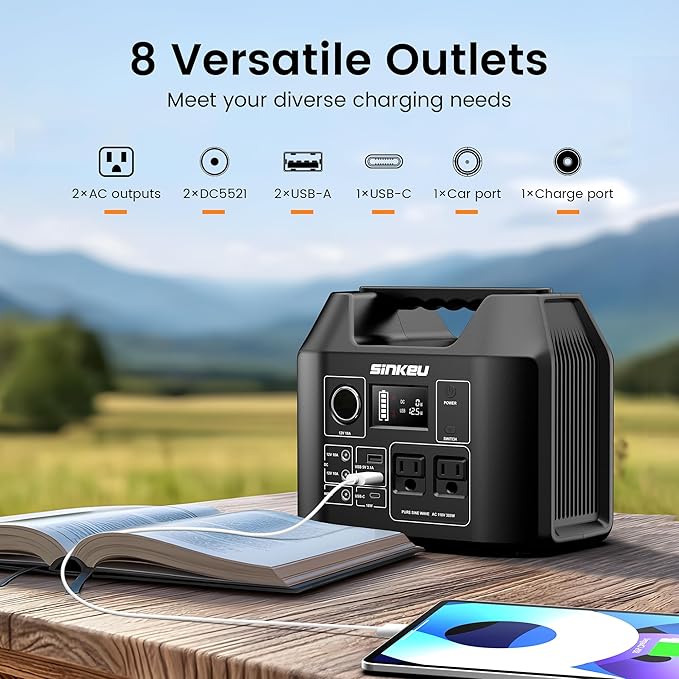 SinKeu Portable Power Station 80000mAh 256Wh LiFePO4 Battery Backup300W AC Outlets Solar Generator for Hurricane Emergency Outdoor Camping RVs Home