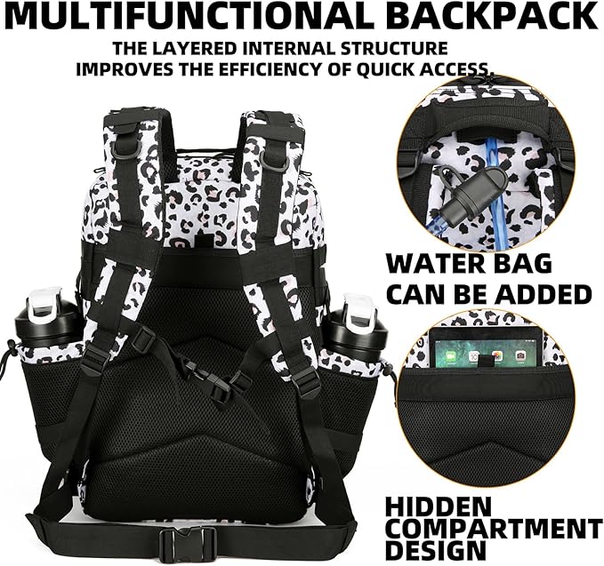 Lovelinks21 25L Tactical Backpack Military Tactical Backpack for Men and Women Small Assault Pack Outdoor Travel Hiking Camping Rucksack with Molle Webbing (White Leopard)