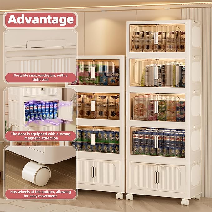3-Tier Stackable Storage Bins with Lids Foldable Plastic Organizer with Wheels for Closet Bedroom Office Organization (Stripe - 2 Clear &amp 1 Yellow 3 Tier - 17.5 D x 9.7 W x 26.3 H)