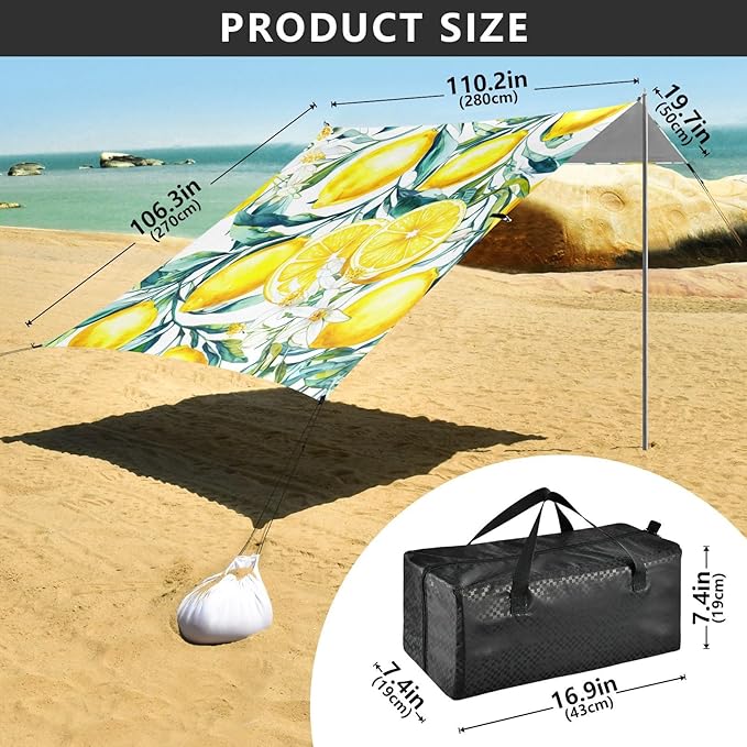 Beach Canopy with Windproof Ropes &amp Sandbags Beach Tent Sun Shade Sun Shelter for Camping Trips Fishing Backyard Fun or Picnics Lemon