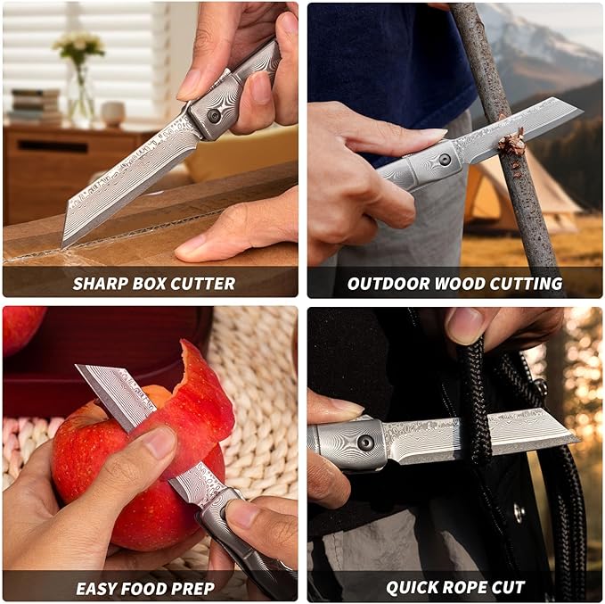 KATSU Handmade Full Damascus Pocket Knife3 Damascus Blade Bamboo Style Men Women Folding Knife with Clip Linner Lock Japanese Razor Work Knife with Leather Sheath Camping Hiking