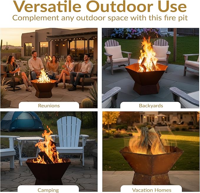 Sunnydaze Rustic Affinity 24-Inch Fire Pit - Outdoor Wood-Burning Fire Pit with Oxidized Finish - Hexagon-Shaped