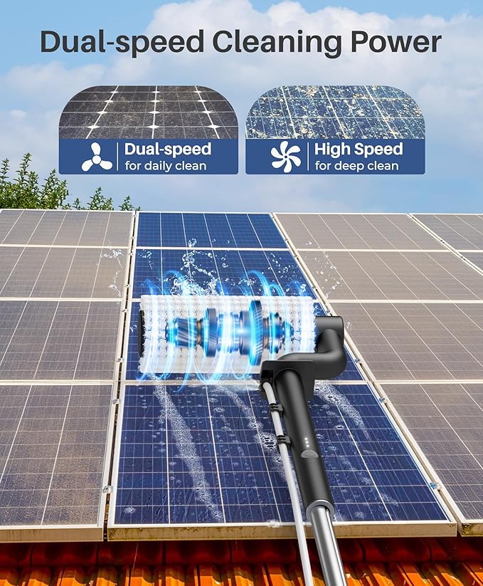 LyriFine Electric Solar Panel Cleaning Brush and Pole Kit 20Ft Extendable Washing Kit with Water Fed Pole 2 Speed &amp Soap Dispenser Outdoor Window Cleaning Tool for Solar Panel Window Roof RV