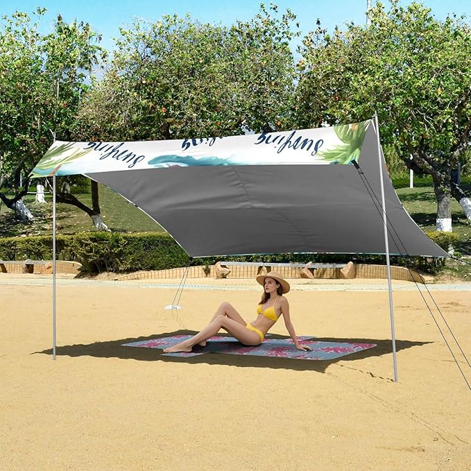 xigua Landscape Beach Tent Sun Shelter with Carrying Bag - Silver Coated Oxford Fabric Beach Canopy for Beach Camping Fishing - Includes Windproof Ropes Sandbags &amp Stakes