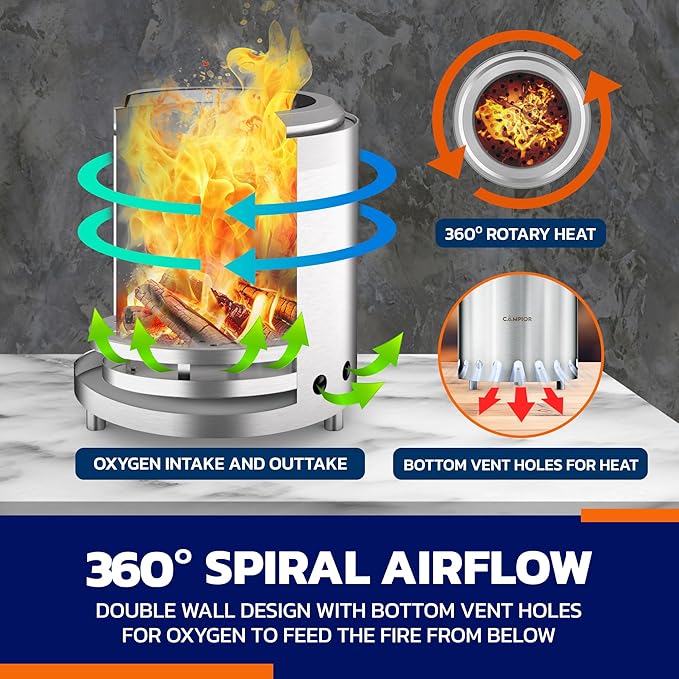 CAMPIOR Wood Burning Fire Pit Stove - Smokeless Outdoor Stove for Wood Fires Camping Cooking and Garden Gatherings Durable Stainless Steel with Removable Ash Pan with Stand and Black Carry Bag