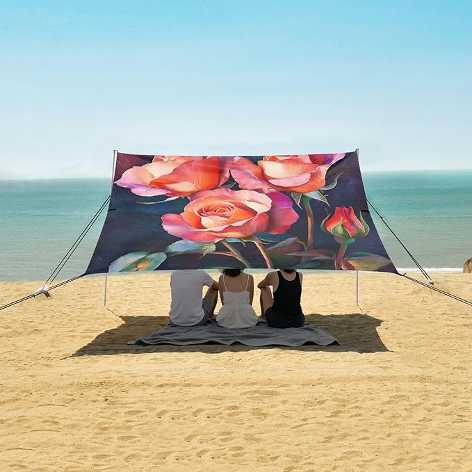 ALAZA Rose Flowers Art Beach Tent Sun Shelter UPF50+ Protection Beach Shade Canopy w/ 4 Sandbags for Outdoor Camping Fishing Backyard Fun Picnic 10x9 ft