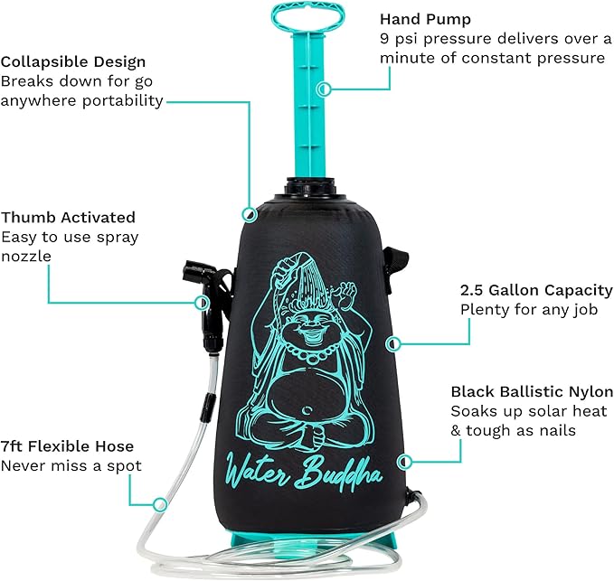 JBL Spearguns Water Buddha Rinse Kit Portable Shower Collapsible Pressurized with Travel Case Shower Head and 7ft Hose Perfect for Camping Beach Hiking and Boating Holds 2.5 Gallons/10 Liters