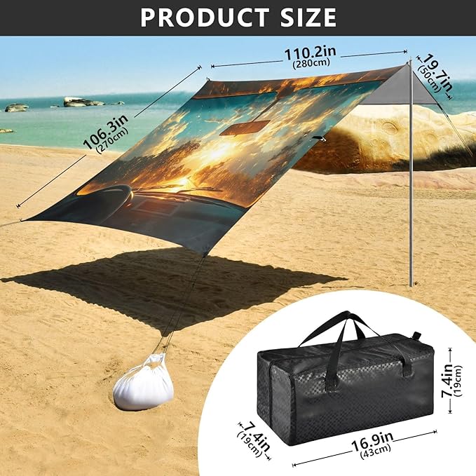 Car Window Outside Sunrise View Beach Tent Sun Shelter Set UPF50+ UV Protection 10.5 x 9.19 FT Camping Shade Canopy with Sandbags Sand Anchors Carrying Bag and Others