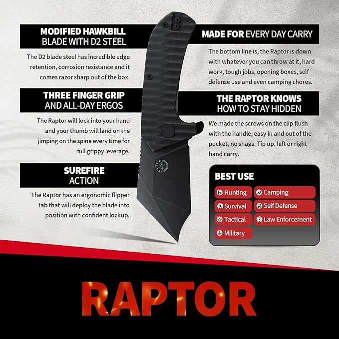 Off-Grid Knives - Raptor EDC Folding Knife with Tumbled Black D2 Steel Grippy G10 Bearings Deep Carry Left &amp Right Hawkbill Tip Stout Everyday Carry