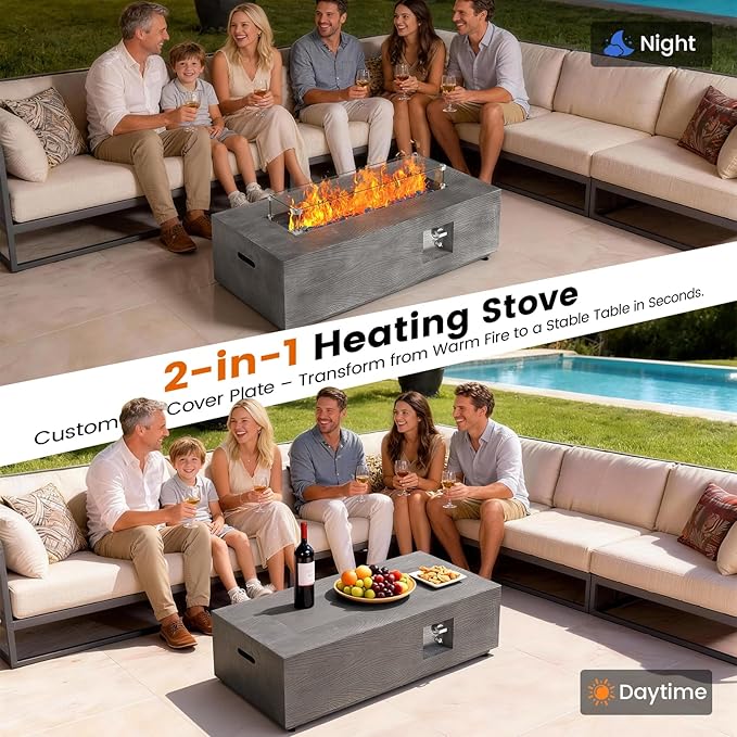 SUNPEAK 42 Rectangular Propane Fire Pit Table 50000 BTU Fireplace Table with Wind Guard Lid Rocks and Cover - Fire Pits &amp Outdoor Fireplaces - Gas Fire Pits for Outside Patio (Charred Oak 42