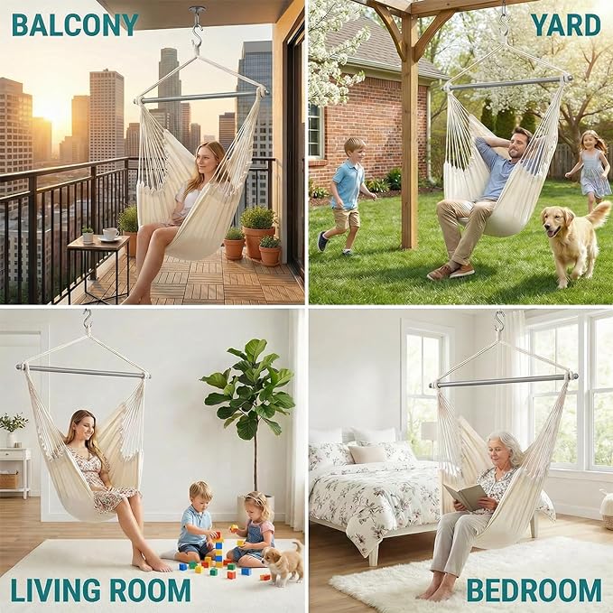 ADVOKAIR Hammock Chair Swing Heavy-Duty Hanging Rope Swing Seat Supports 500 Lbs Ideal for Outdoor Patio Backyard Porch Deck &amp Indoor Bedroom Use