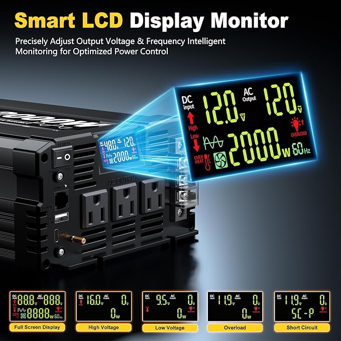 2000W Pure Sine Wave Inverter 48V DC to 120V AC–Powers RV TruckOff Grid Solar EnergyCar Refrigerator Coffee Maker Printer Game Console and Slow Cooker with LED Display and Remote Monitoring