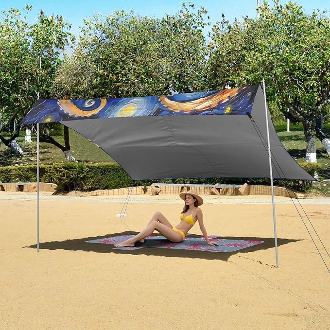 ALAZA Octopus Starry Sky Beach Tent Sun Shelter UPF50+ Protection Beach Shade Canopy w/ 4 Sandbags for Outdoor Camping Fishing Backyard Fun Picnic 10x9 ft