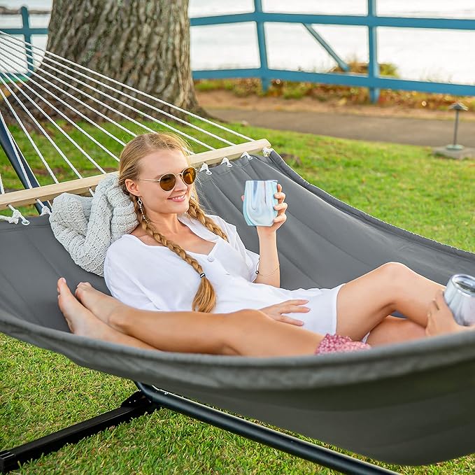 SUNCREAT Heavy Duty Hanging Tree Hammock 475 lbs Capacity Two Person Hammock with Large Soft Pillow Tree Hooks Gray