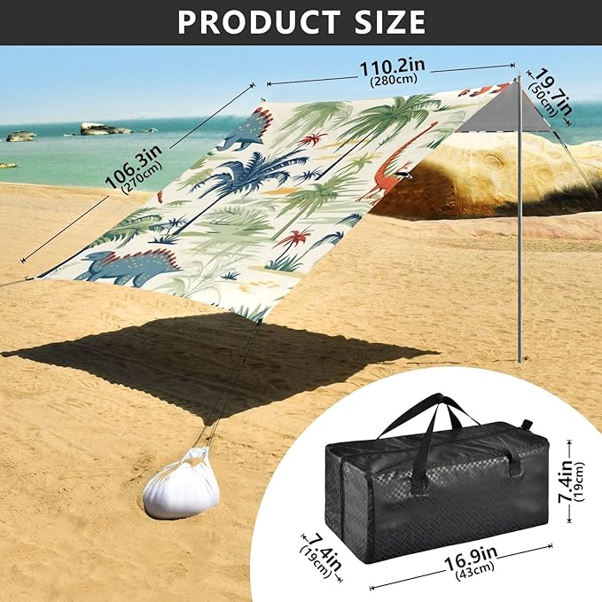 ALAZA Dinosaurs Dinos Palms Beach Tent Sun Shelter Portable Canopy Sunshade for Outdoor Camping Picnics Backyard Fun 10x9 ft