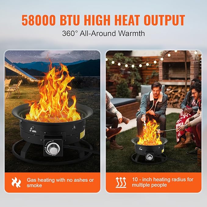 VEVOR Propane Fire Pit 19-Inch Diameter Outdoor Portable Gas Fire Pit with Cover &amp Lava Rocks Adjustable Flame Height Camping Firepit for Heating Lighting Gathering 58000 BTU Black