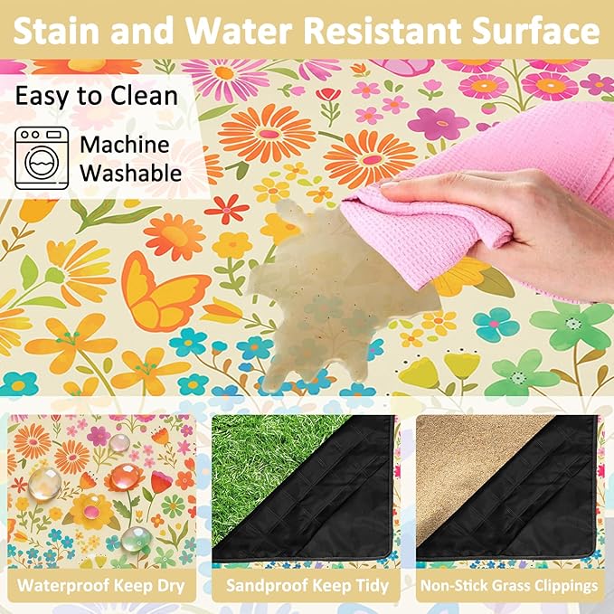 Floral Picnic Blankets Waterproof Foldable 60″X80″ Packable Picnic Mat Flowers Outdoor Blanket for Grass Large Beach Blanket Sandproof Picnic Accessories for Camping Music Festival Park Lawn Travel