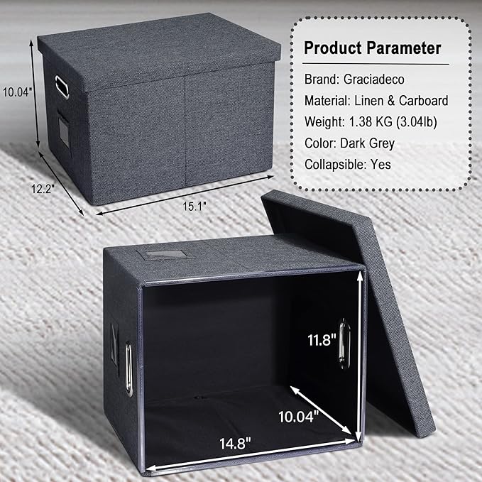 Graciadeco 4-Pack Modern Minimalist Dark Gray Collapsible Linen File Folder Box with Lid for Letter Size Hanging Files Office Organization General Storage