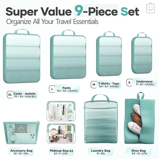 Veken 9/11 Set Compression Packing Cubes for Travel EssentialsCompressible Expandable Large Luggage Suitcase Organizer Bags for ClothingDurable Space Saver Storage Bags(Blue Green)