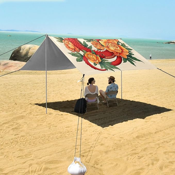 xigua Dragon Pattern Beach Tent Sun Shelter with Carrying Bag - Silver Coated Oxford Fabric Beach Canopy for Beach Camping Fishing - Includes Windproof Ropes Sandbags &amp Stakes