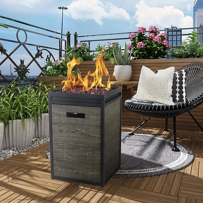 Afterglow Terrafab Grey Panels with Steel Frame 16 Square 40000 Btu Propane Fire Column Outdoor Wood Effect Fire Pit for Outdoor Patio Garden Backyard Decking Decor CSA Certificated