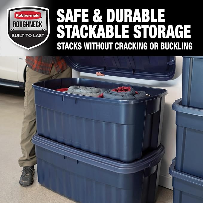 Rubbermaid Roughneck Tote 50 Gal 2 Pack Made in USA Dark Indigo Metallic Rugged Plastic Stackable Storage Bins with Lids and Handles