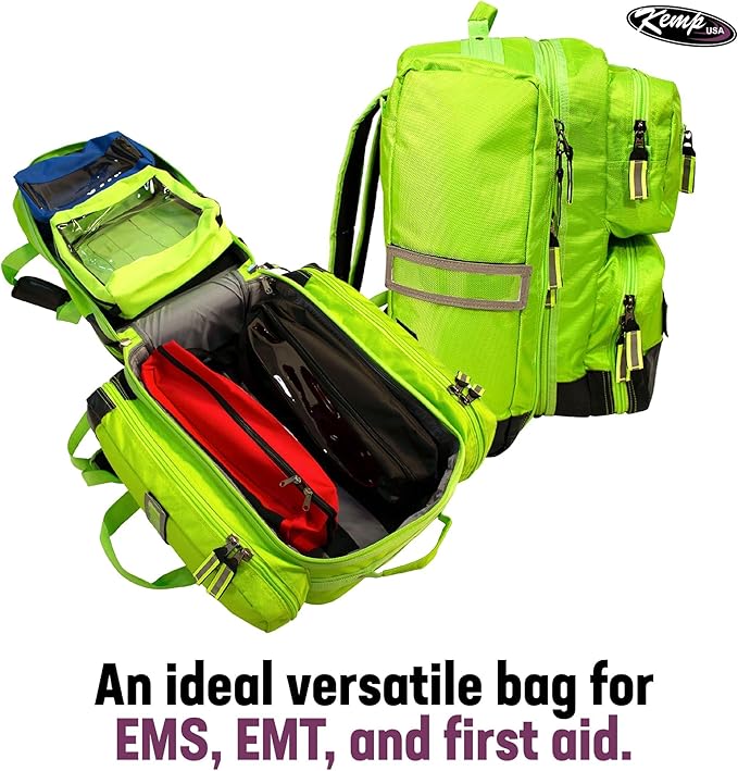 Kemp USA Ultimate EMS Backpack EMT Emergency Medical Bag Fits BLS ALS Gear and D Tank Oxygen Cylinder 1680D Nylon Multiple Grab Points Chest Waist Straps Color Coded Pouches Neon Green