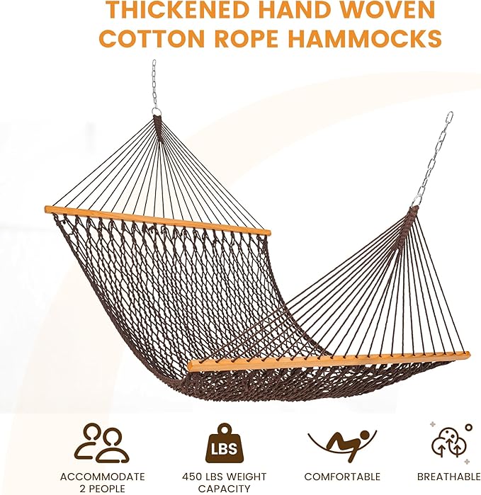 Lazy Daze Hammocks Double Rope Hammock 2 Person Traditional Outdoor Hand Woven Cotton Rope Hammock with Spreader Bar Carabiners Tree Straps Chains for Patio Yard - Max 450 Lbs Dark Brown