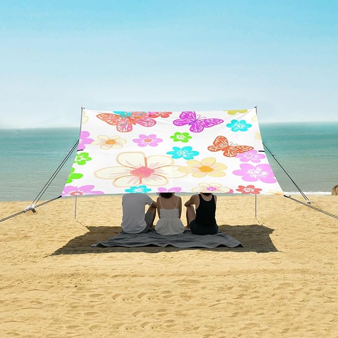 Beach Canopy with Windproof Ropes &amp Sandbags Beach Tent Sun Shade Sun Shelter for Camping Trips Fishing Backyard Fun or Picnics Flowers and Butterflies
