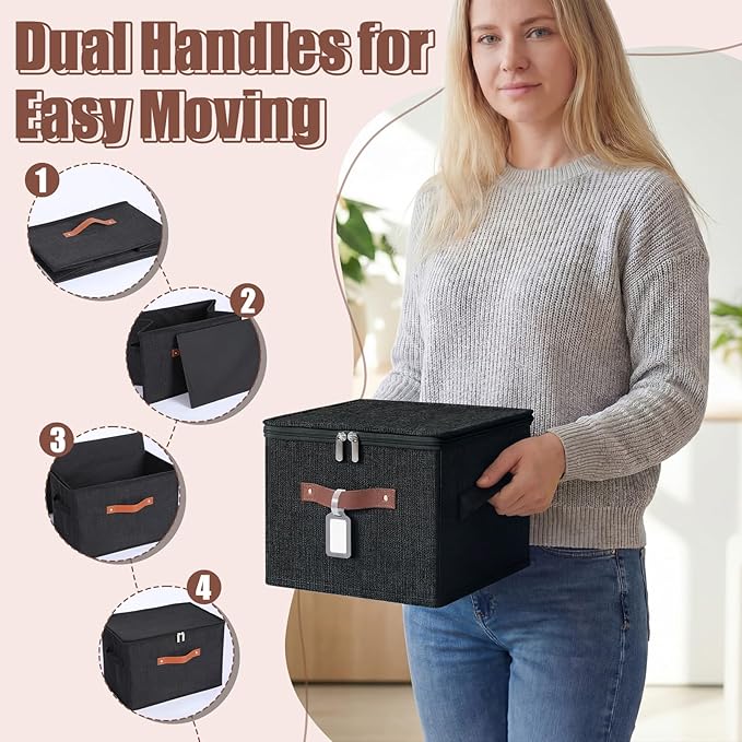 6 Pack Fabric Closet Storage Bins with Zipper Lids and Label 10×8×7In Large Size Foldable Cotton Linen Storage Cubes Boxes with PU Leather Handles Holders for Bedroom Shelf Nursery Black