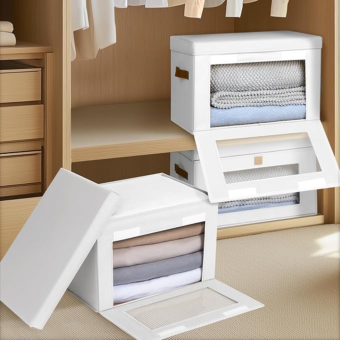 Homsorout Large Clothing Storage Bins - Collapsible Boxes with Handles &amp Window Decorative Organizer Bins with Lids Fabric Containers for Living Room Dorm 4 Pack White