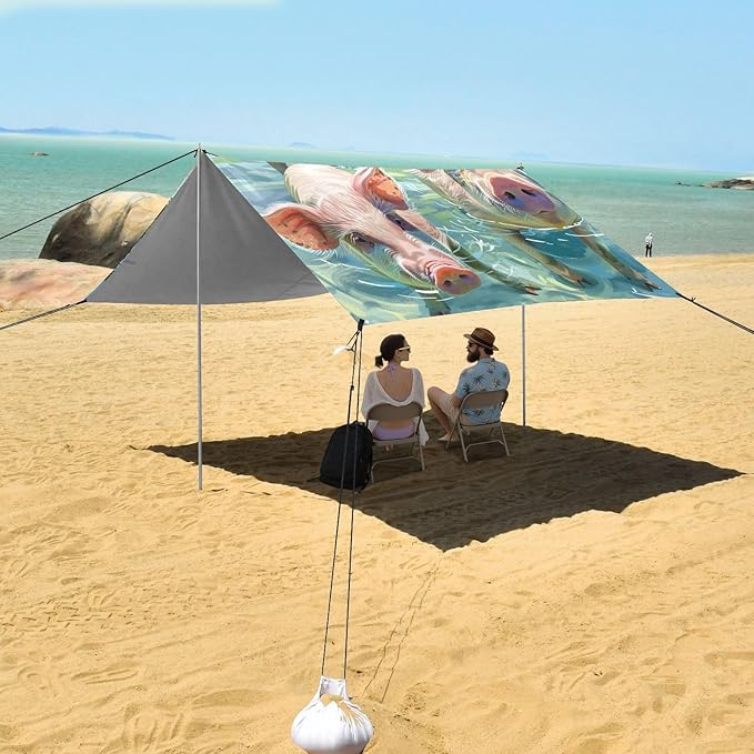 ALAZA Swimming Pigs Palm Tree Beach Tent Sun Shelter Portable Canopy Sunshade for Outdoor Camping Picnics Backyard Fun 10x9 ft